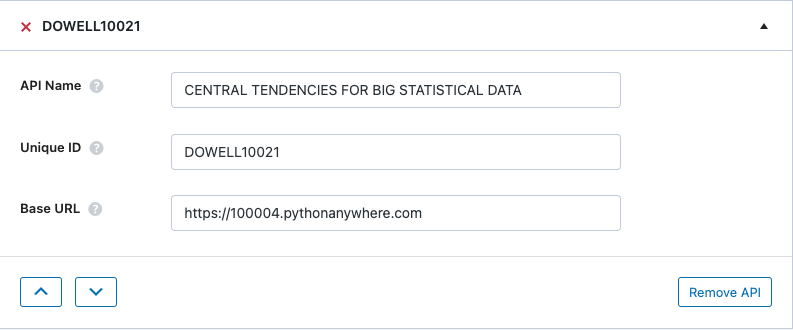 Setup API name, unique ID and base url for Central Tendencies of Big Data API in WPGetAPI plugin