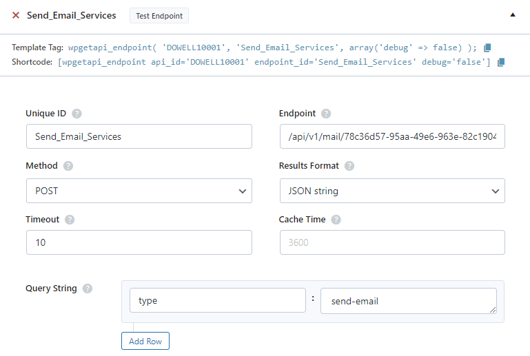 Dowell Email API send email services in WpGetAPI Plugin 1