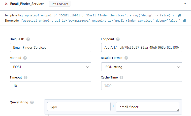 Dowell Email API email finder services in WpGetAPI Plugin 1