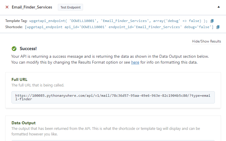 Dowell Email API email finder services in WpGetAPI Plugin success response
