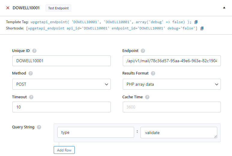Dowell Email API validate email in WpGetAPI Plugin 1