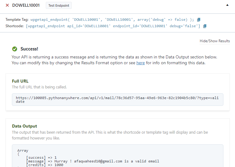 Dowell Email API validate email in WpGetAPI Plugin reponse success