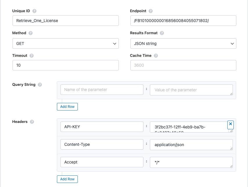 Retrive a Licence. api endpoint and the request headers