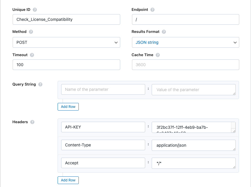 Check Licence compatibility request body and headers