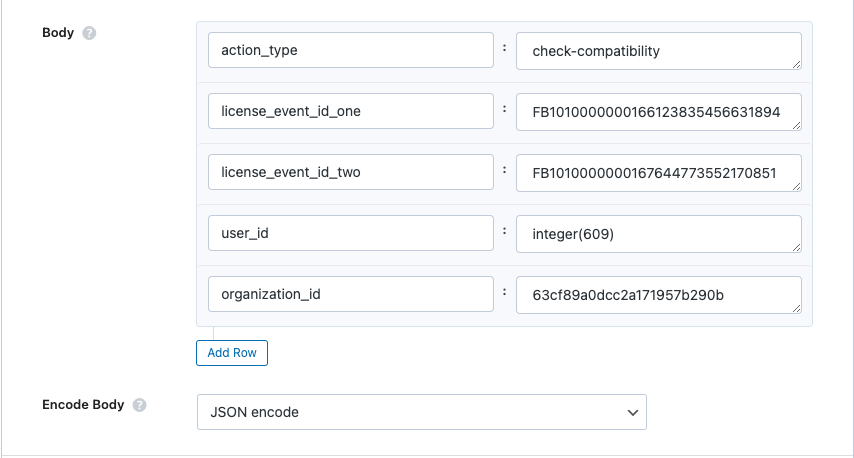 Check Licence compatibility request body and headers