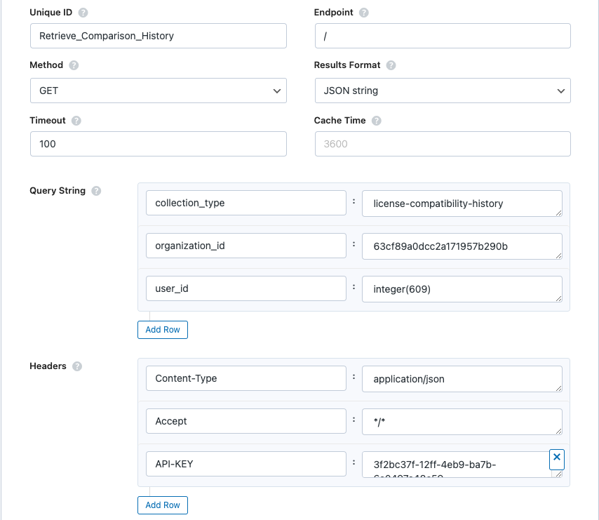 Retrieve Comparison History. api endpoint, request headers and query strings