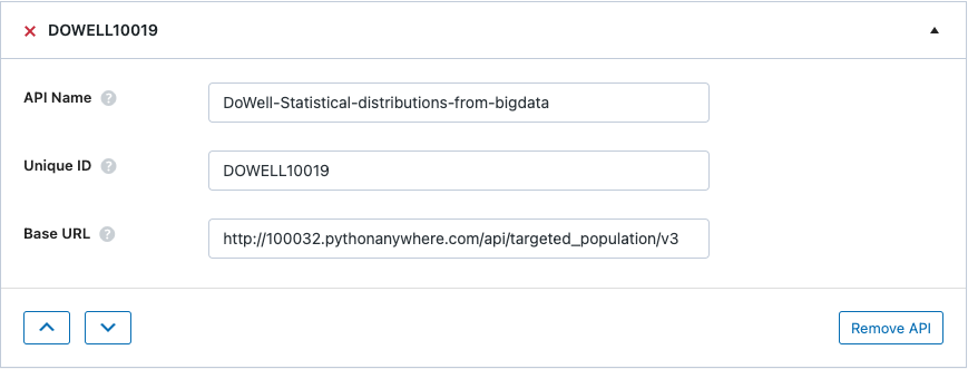 DoWell-Statistical-distributions-from-bigdata. Set up the API name, unique ID and the base url.