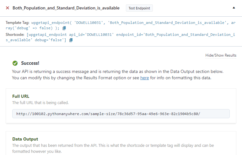 sampling from big data API in WpGetAPI Plugin Both population and deviation available response success