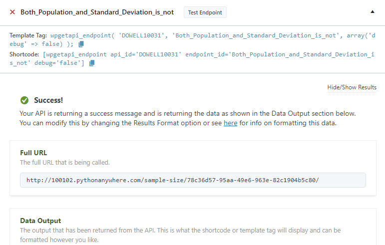 sampling from big data API in WpGetAPI Plugin population and deviation not available success response