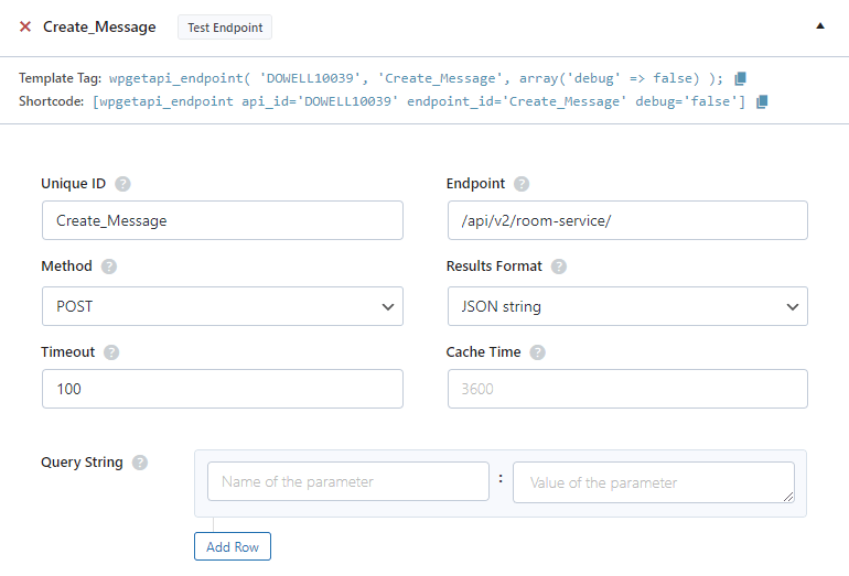 Test Dowell Living Lab Chat API Create Message in WpGetAPI Plugin 1